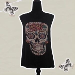 Ocasion Women’s Black Floral Rhinestone Sugar Skull Graphic Racerback Tank Top